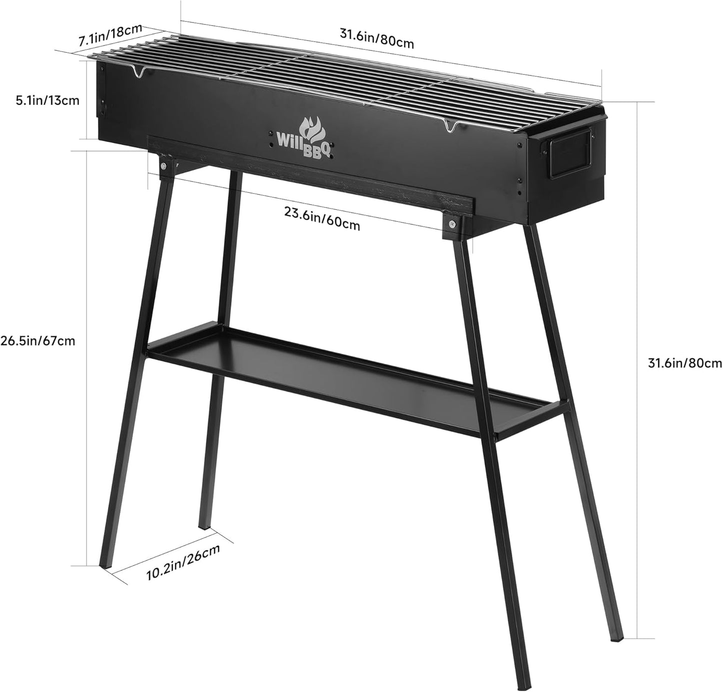 Charcoal Grills Commercial Quality Portable Multiple Size Hibachi BBQ Lamb Skewer Folded Camping Barbecue Grill for Backyard Party Picnic Travel Outdoor Cooking Use(31.6x7.1x5.1 inch),BLACK