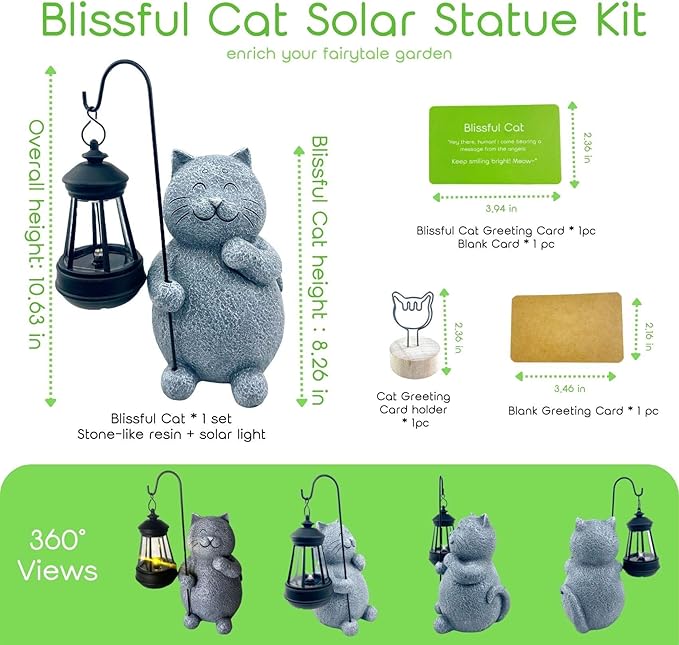 BIRD'S CRADLE Blissful Cat Solar Garden Statue - Outdoor Art Decor, Cat Lovers Themed Gift, Unique Patio, Balcony, Yard, Birthday, Housewarming Gardening Figurine Gifts for Mom, Grandma, Wife, Women