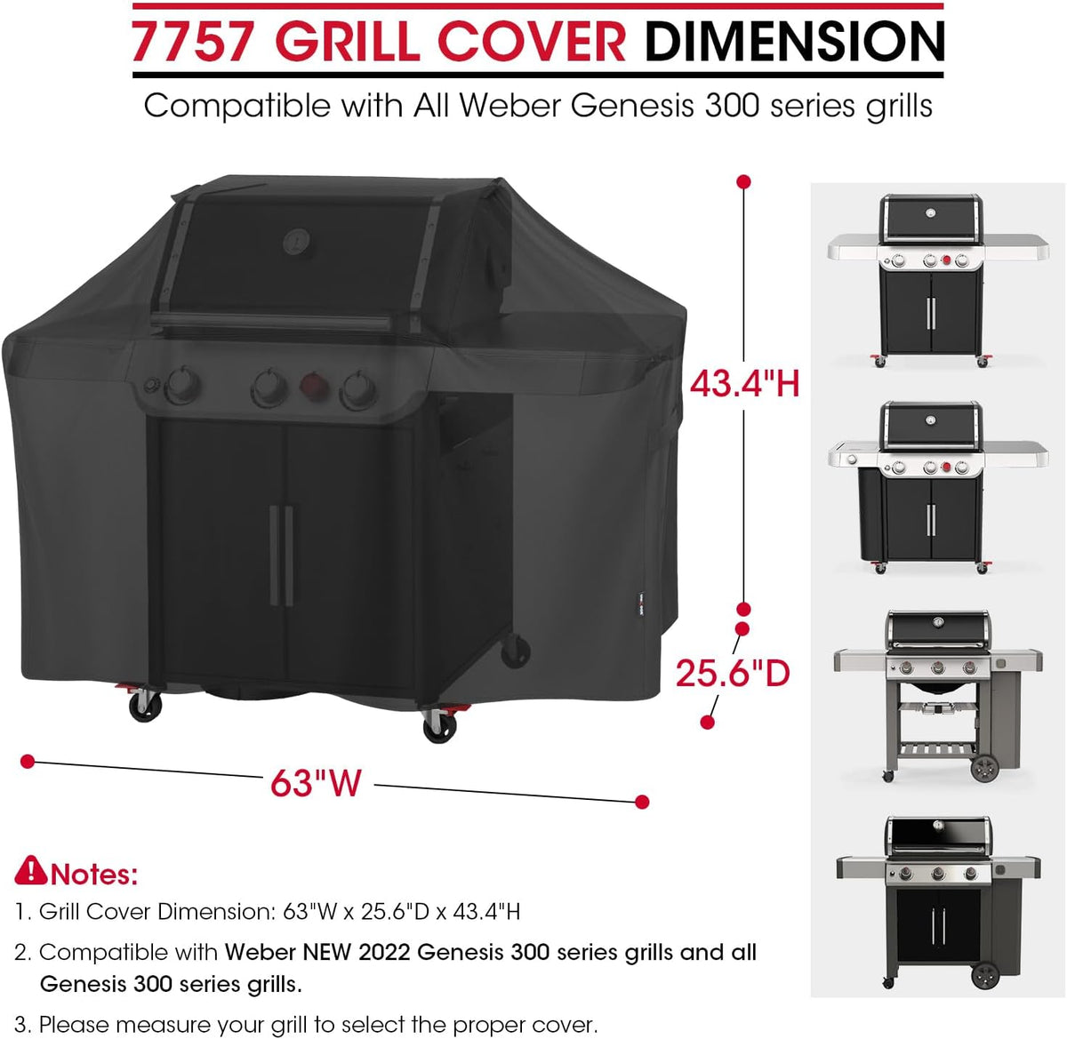 Unicook 63 Inch Grill Cover for Weber Genesis 300 Series and New 2022 Genesis 300, Outdoor BBQ Gas Grill Cover, Heavy Duty Waterproof Fade Resistant, Compared to Weber 7757