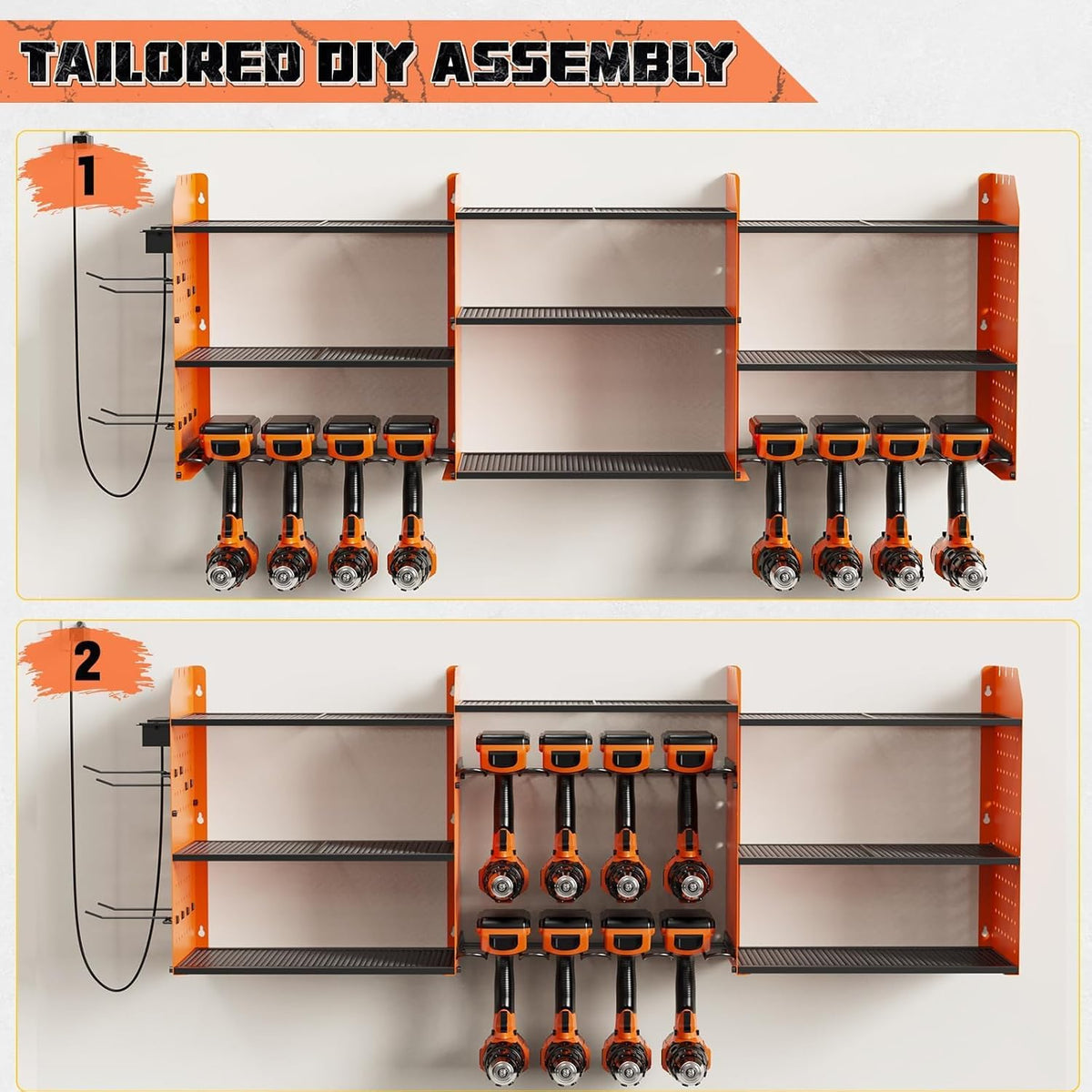 Power Tool Organizer with Charging Station Wall Mount, 3 Layer Expanded Heavy Duty Garage Organization, 45.5 Inch Length Garage Tool Storage, 8 Drills, 2 Assemble Method, Orange