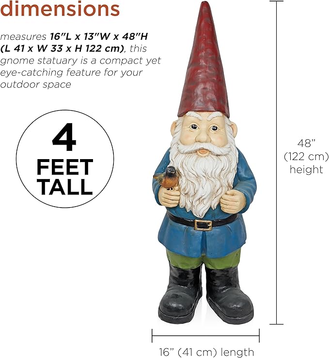 Alpine Corporation ZKD100 Jumbo Size Gnome with Bird Decor, Whimsical Gnome Statue for Patio & Garden, 48" H, Multicolor