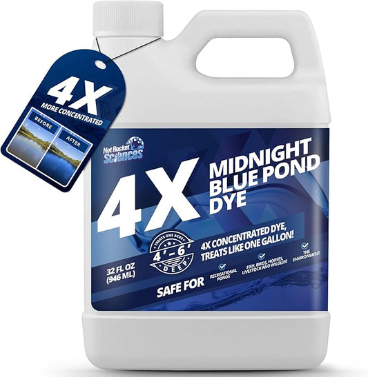 32oz Midnight Blue Pond Dye, 4X Concentrate Pond Dye Blue, Dark Natural Looking Aquashade for Beautiful Lake Water, Long-Lasting Colorant, Protects Against Sunlight - Ideal for Fish & Wildlife