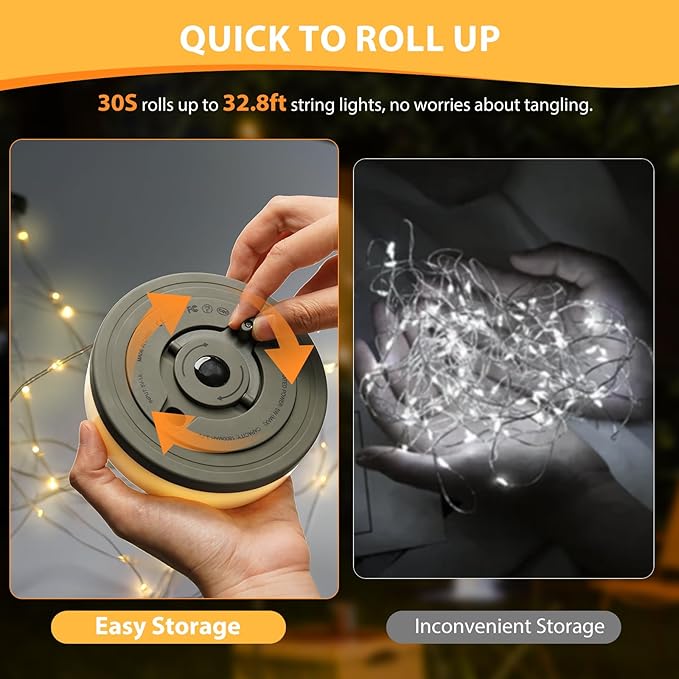 Camping String Lights, 4 in 1 Quick Storage 32.8FT Rechargeable Tent Lights with 6 Modes Hanging Waterproof Camp Lamp Camping Essentials for AwnTent Hiking Yard Garden Bedroom Festival -Warm White
