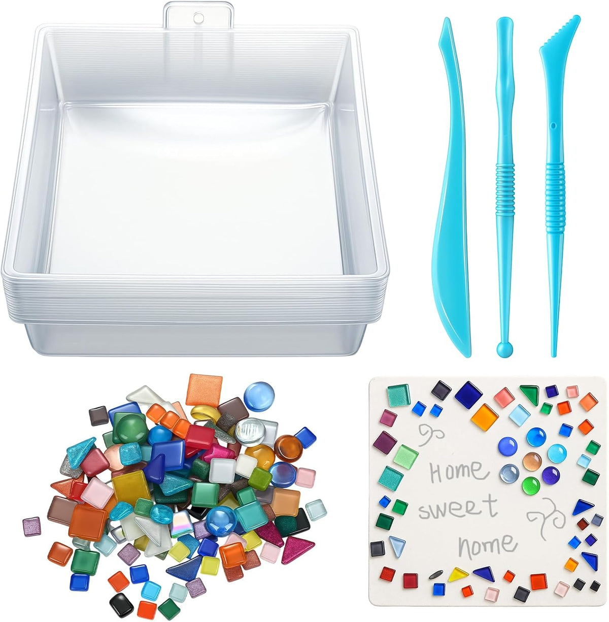 LOYIM 24 Pcs Stepping Stone Kit Includes Concrete Mold, Mosaic Tiles and Carving Tools, DIY Craft Handmade Stepping Stone Kit for Kids, Family, Garden Outdoor Decor, No Concrete Mix (Square,10 Inch)
