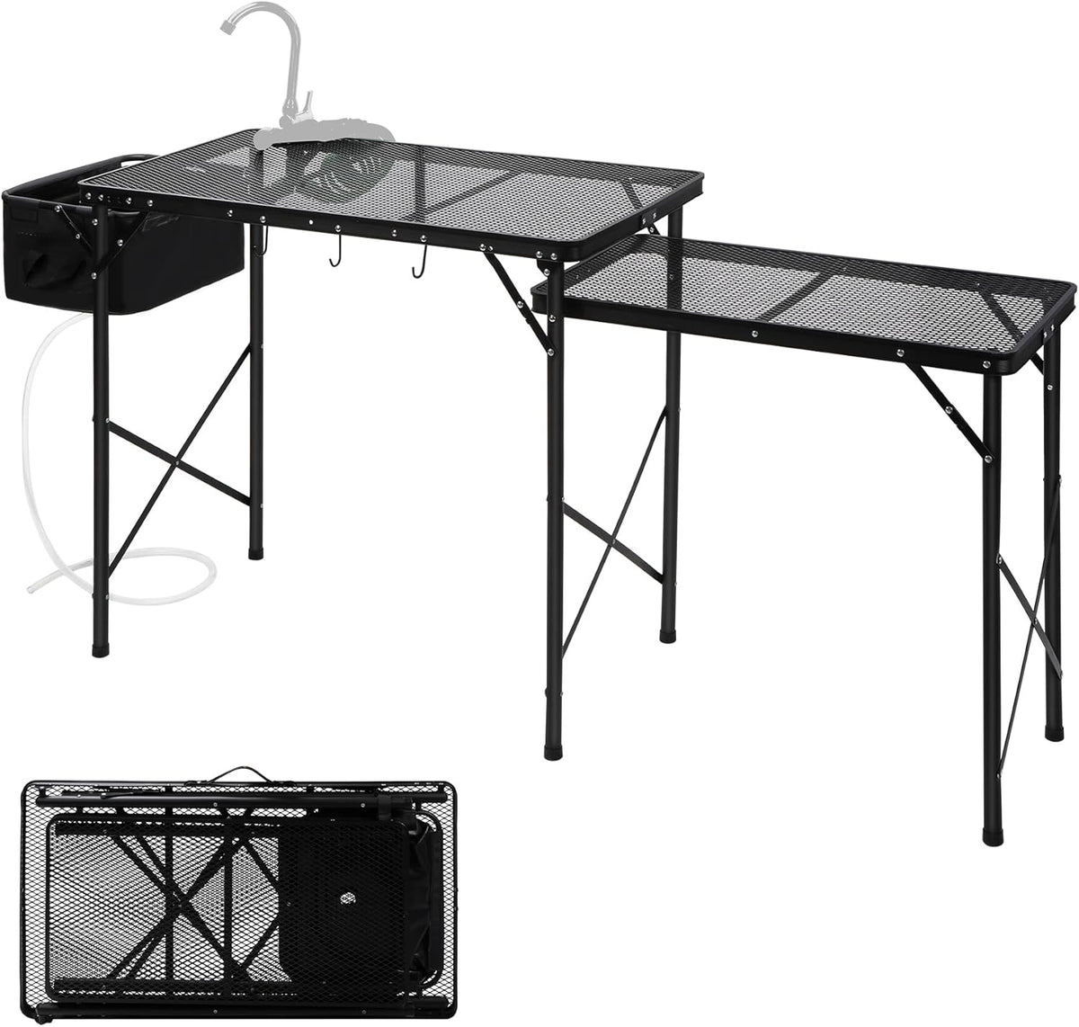 RedSwing Folding Grill Table with Sink and Double Shelf, Multifunctional Portable Grill Stand Table for Outdoor Camping Picnic BBQ, 69 x20 x31.5 Inches, Black