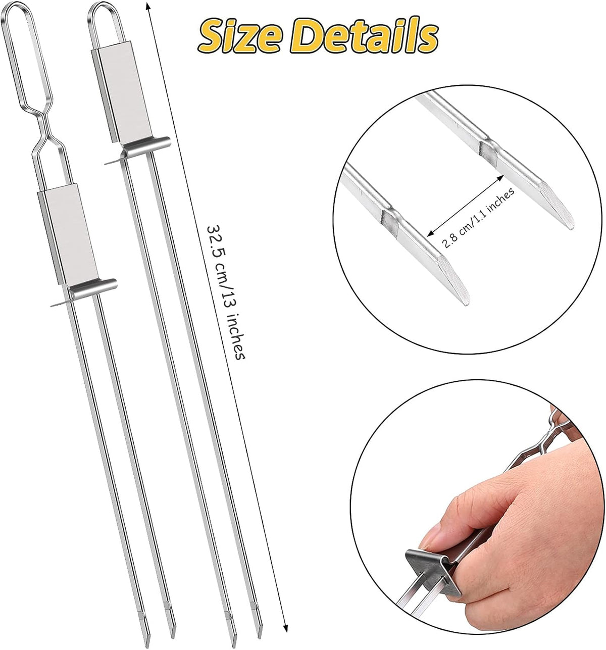 Lallisa Kabob Skewer for Grilling, Metal Stainless Steel BBQ Stick with Push Bar, Double Pronged Kebab Tool Quick Release Meat, Chicken, Vegetable and Fruit (6 Pieces), 2.8 x 32.5 cm/ 1.1 12.8 inch