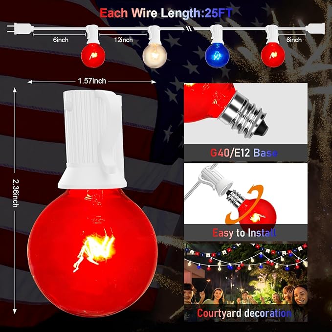 4th of July Decorations Lights Outdoor, 25Ft Red White and Blue Lights with 25 G40 Light Bulbs, Plug in G40 Patriotic Light for Indoor Independence Day Party Memorial Day-White