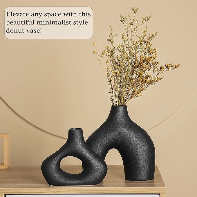 CEMABT Black Ceramic Vase Set of 2 for Modern Minimalist Bohemian Decor，Round Matte Donut Vases for Pampas Grass-Perfect for Living Room, Dining Table, Office Bedroom Shelf Decor Entryway, Console