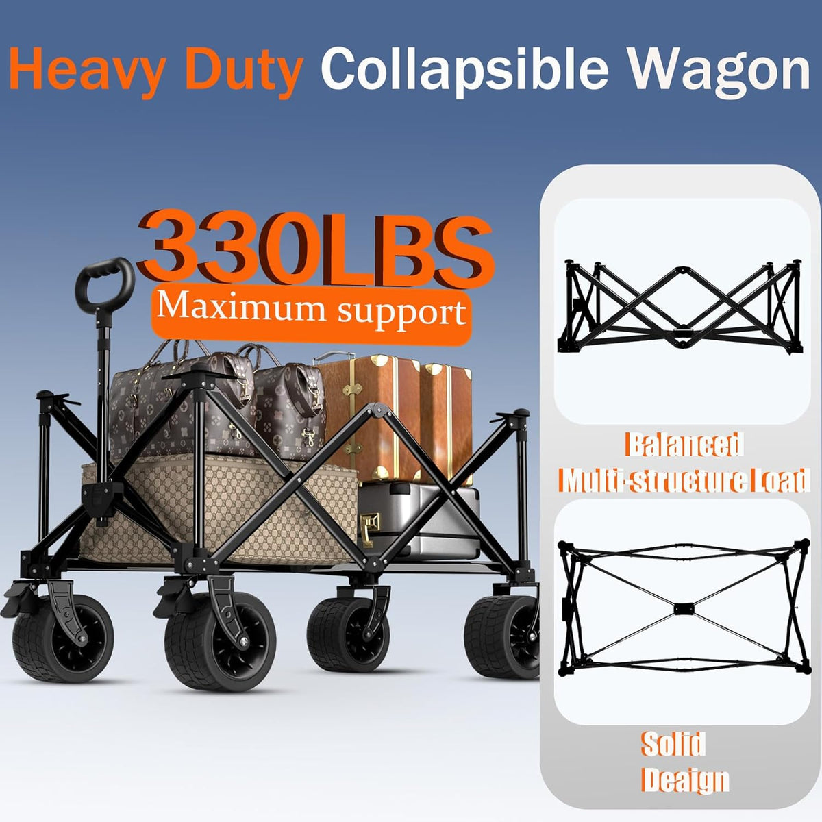 Collapsible Wagon Cart with Silent All-Terrain Wheels, Foldable Heavy Duty Beach Wagon with 330LB,Folding Cart with Cup Holders and Brakes for Camping, Garden,Shopping,Sports Black
