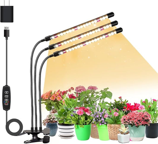 3head Plant Lights for Indoor Growing, Grow Light for Indoor Plants, Full Spectrum Growing Lamps with Clip, Auto ON & Off Timer 3/9/12H, 3 Switch Modes, 10-Level Dimmable Brightness