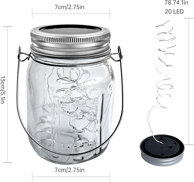 Hanging Solar Mason Jar Lights,ZQX 6 Pack 20 Led String Hanging Mason Jar Lanterns for Outdoor,Great Decor Light for Outside Patio Garden Yard Fence Wedding Table,Hangers and Jars Included（Multicolor）