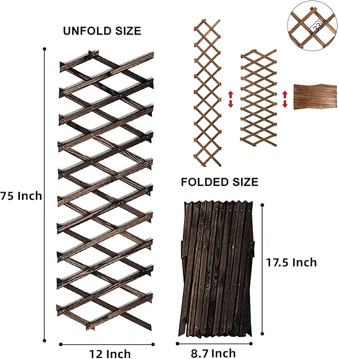 4 PCS Expandable Garden Trellis, 12" x 75" Wooden Lattice Fence Wall Panel Stretchable Decorative Fences Lattice Trellis for Climbing Plants Outdoor Ivy Vine Rose Clematis Garden Patio Room Decor (4)