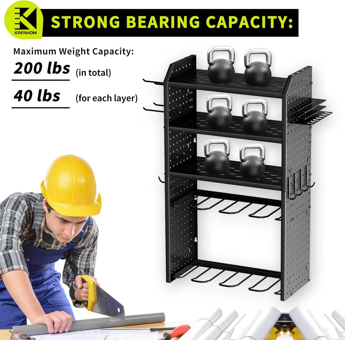 KAFAHOM Power Tool Organizer,Large 8 Drill Holder Wall Mount with 2 Side Pegboards,5 Layer Metal Tool Storage Rack with 12 Hooks,Tool Shelf for Garage Organization,Utility Battery Shelves - Black
