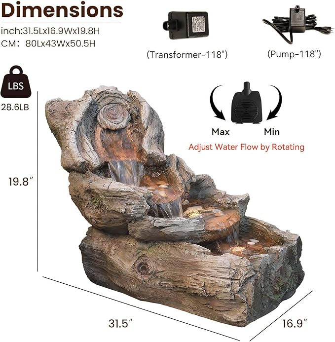 31.5" L Garden Water Fountain Outdoor, Artifical Imitation Wood Outdoor Water Fountain Natural Waterfall with LED Lights for Patio,Porch,Backyard,Home Art Decor（Resin）