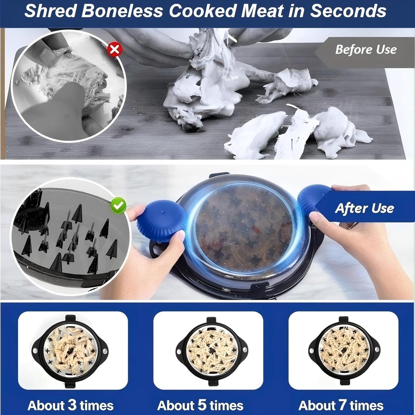 Chicken Shredder Meat Shredder Tool Twist Chicken Breast Shredder Large-Shredding Tools Chicken Breast, Pulled Pork, Beef with Stainless Steel Spikes (Blue&Black)