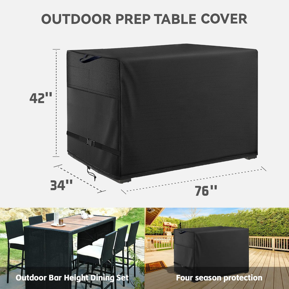 Outdoor Patio Dining Set - Wicker Bar Height Table and Chair Cover - Black, Waterproof - Suitable for 76 * 34 * 42" Patio