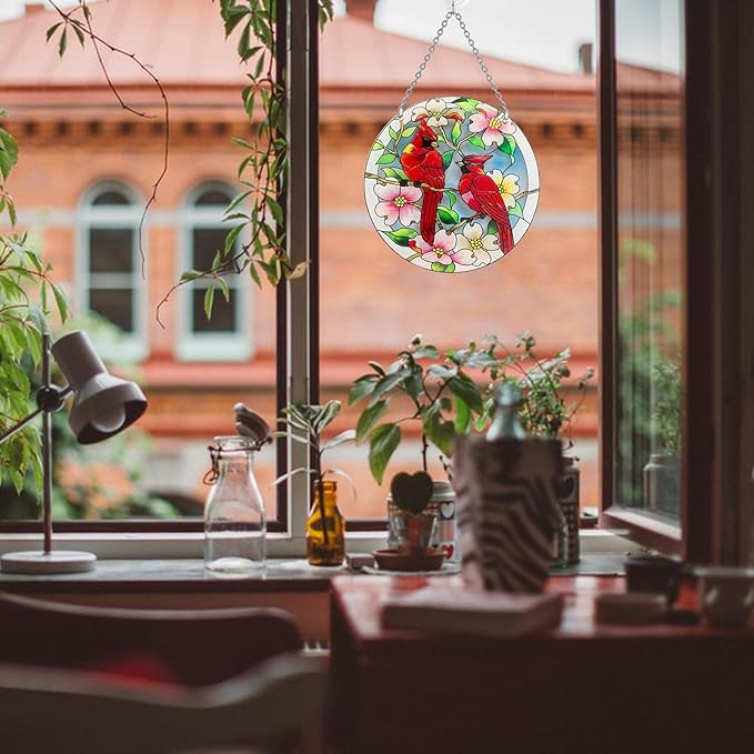 Cardinal Suncatcher Stained Glass, Cardinal Gifts for Women, Stained Glass Window Hanging - Red Birds Suncatchers for Windows, American Glass Hanging, Hand Painted Glass for Birds Lover (6inch)