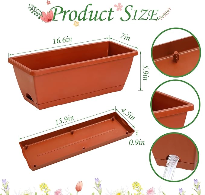 12Pcs 17Inches Rectangle Planter Box with Drainage Holes and Trays Plastic Planters Flower Boxes Pots for Indoor Outdoor Plants Patio Garden Home Decor Porch Yard (Red)