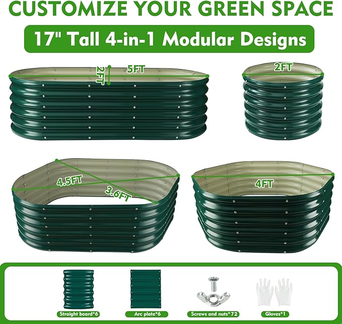 17" Tall Outdoor Garden Raised Garden Bed Kits,5ft X 2ft Oval,0.8MM Thick Metal Raised Planter Bed/Ground Planter Box for Variety of Flowers,Herbs,Vegetables (Dark Green, 60X24X16.5 Inches)