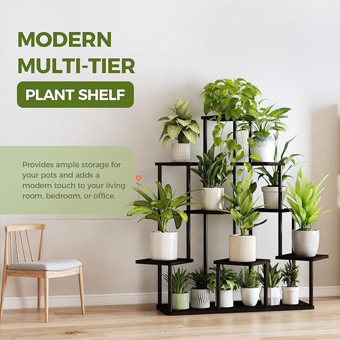 Bamworld Large Plant Stand Indoor, 9 Tier Tall Metal Plant Shelf for Multiple Plants, Tiered Flower Stand for Patio Garden Balcony Living Room Bedroom(Black)