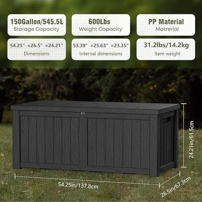 150 Gallon Outdoor Storage Box Patio Deck Box Waterproof, Resin Lockable Outside Large Storage Bin for Pool Cushion Furniture, Garden Tools UV-Resistant, Black