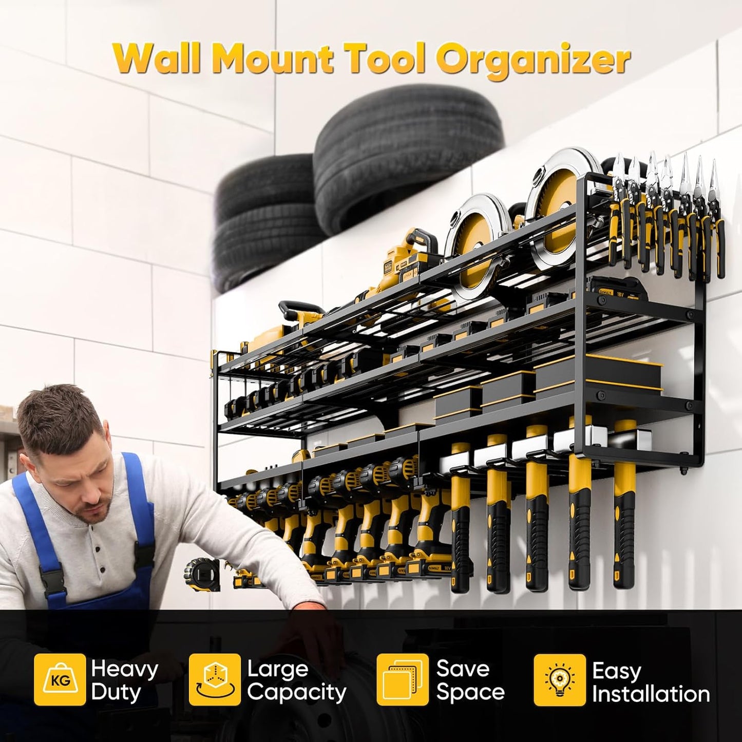49" W Large Power Tool Organizer Wall Mount Loads 600 lbs, Heavy Duty 4-Tier 12 Drills Holder, Cordless Tool Storage Battery Shelf, Utility Racks for Garage Workshop Shed, Gifts for Men Husband