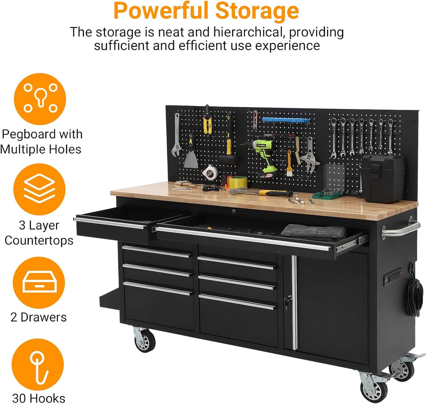 Heavy Duty 61" Tool Chest Cabinet, Mobile Garage Workbench with 10 Drawers and Power Strip, Rubber Wood Worktop, 1675 LBS Load, Rolling Tool Storage Organizer for Mechanic, Shop or Home Use