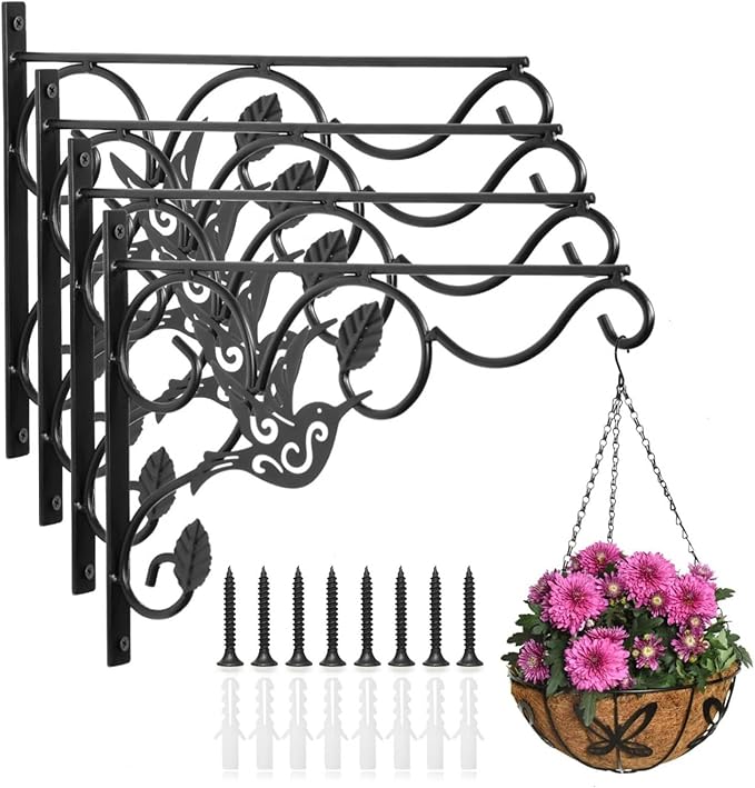 Hanging Plants Bracket, 4 Pack 12 inch Wall Planter Hook with Iron Screws Included, Decorative Plant Hanger for Bird Feeders, Wind Chimes Indoor, Lantern, Flower Pot,Outdoor Indoor Patio Decor
