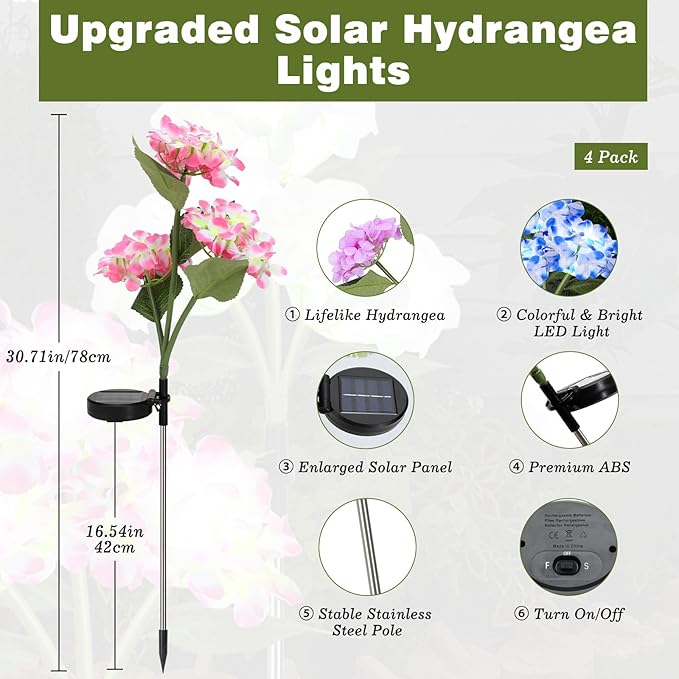 4 Pack Solar Garden Lights, Solar Flowers Lights with 4 Blooming Hydrangea Flowers, Waterproof Solar Lights Outdoor for Yard Porch Patio Backyard Pathway Gardening, 2 Lighting Modes, Colorful