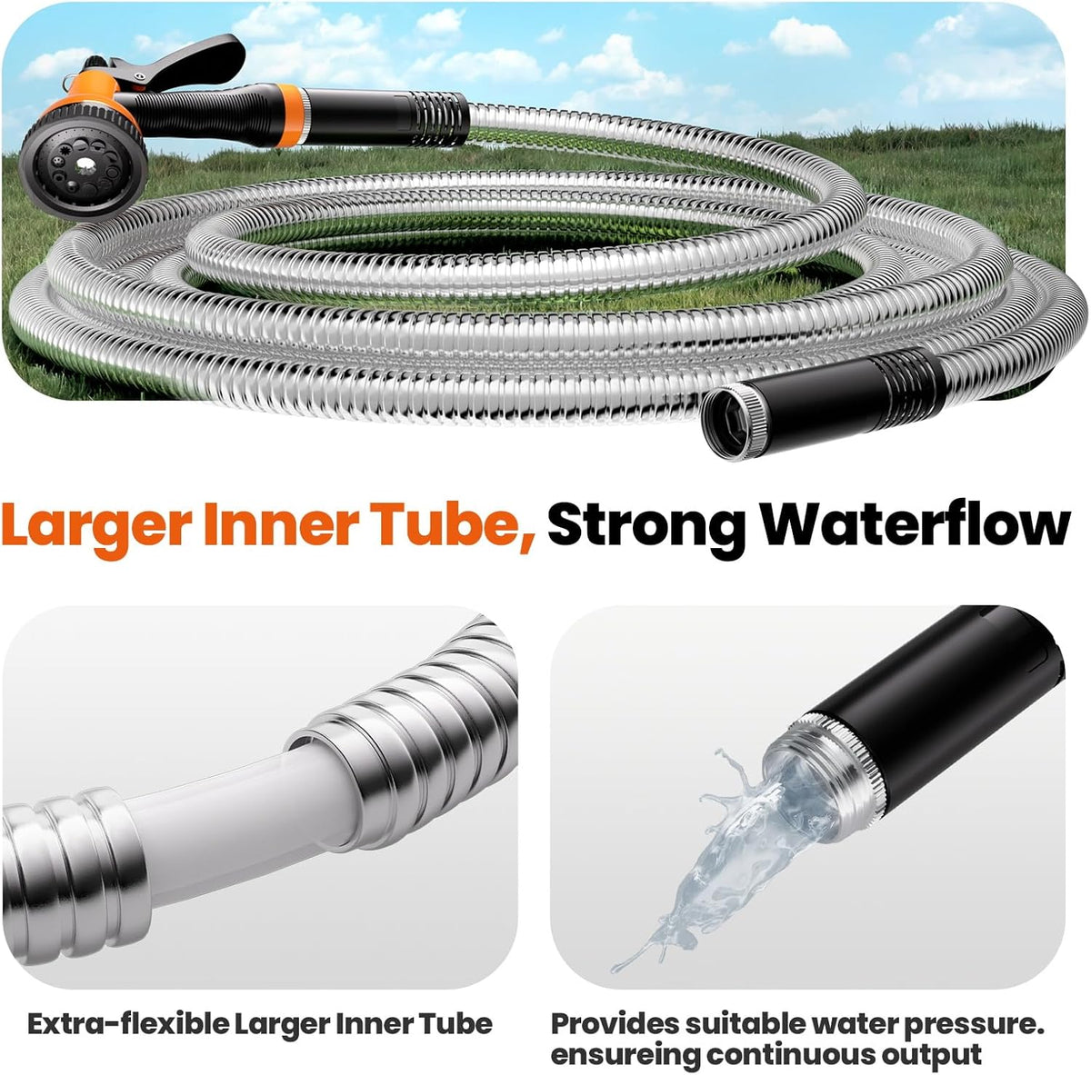 Garden Hose 50 FT, Flexible Metal Hose with 10 Function Nozzle, Kink Free, Lightweight, Durable, Crush Resistant Fitting, Easy to Coil, Puncture Proof Hose for Yard, Rv, 600 PSI 2025 New