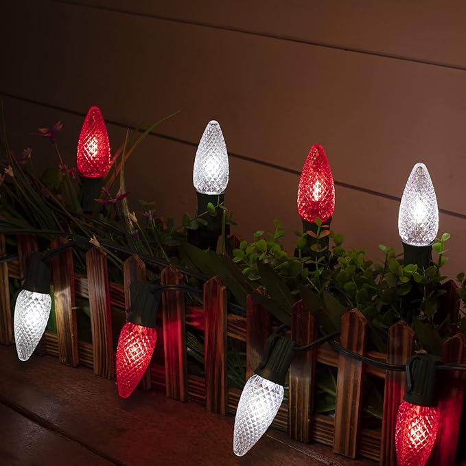 C9 LED Christmas Lights Outdoor with Stakes, 25.7 Feet 20 LED C9 Strawberry String Lights, Connectable Shatterproof Pathway Lights Marker for Path, Lane, Patio, Xmas Holiday Decorations, Red and White