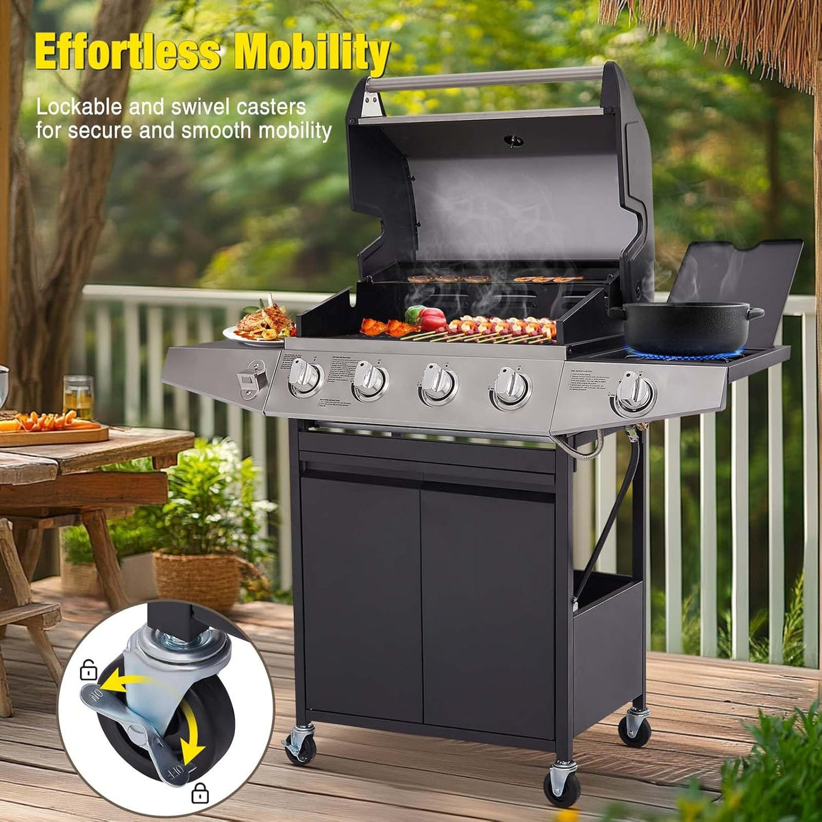 Unovivy 4-Burner Propane Gas Grill with Side Burner, Portable BBQ Grills with Oil Tray and Built-in Thermometer for Outdoor Barbecue, Camping, Patio, Backyard, 49,000 BTU