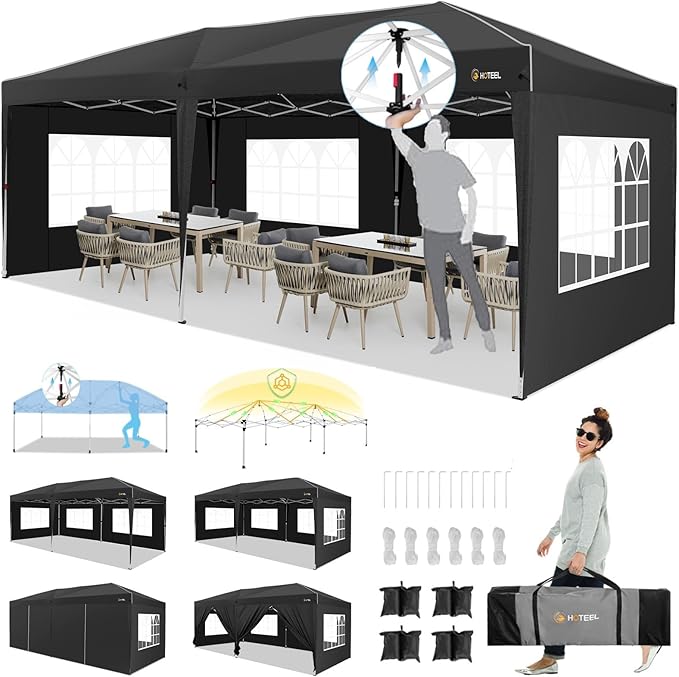HOTEEL 10x20 Pop up Canopy with 6 Sidewalls, One Push Instant Setup Outdoor Canopy Tent with Reinforce Rod, Weight Bag, for Parties, Events, Black