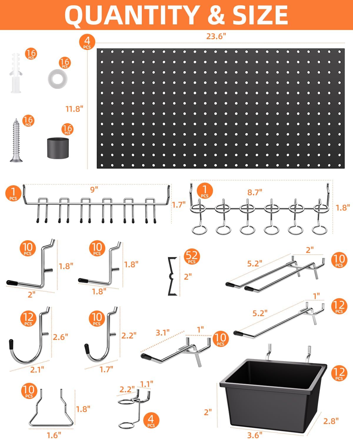 INCLY 158PCS Metal Pegboard Wall Organizer, 48x24 Inch Black Pegboard Panels Tool Organizer Kit with Accessories Hooks and Bins, Peg Board Utility Tool Storage for Garage Workbench Shed