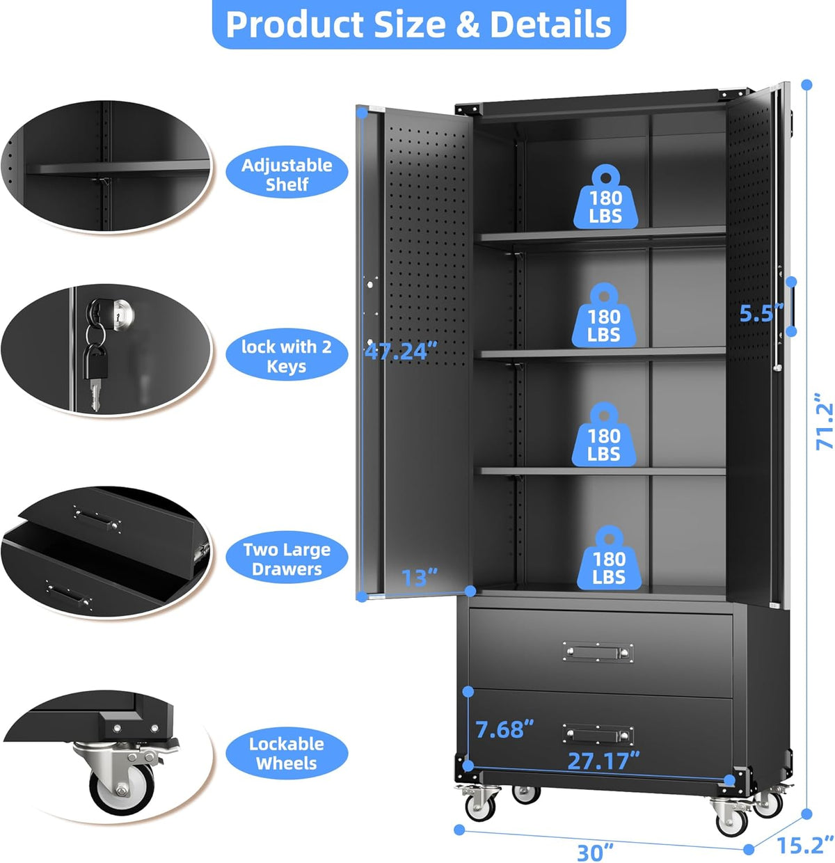 Upgraded Metal Garage Storage Cabinet with Wheels and 2 Drawers, Rolling Tool Cabinet with 3 Shelves and Pegboard Behind The Door for Home Office Garage,Assembly Required,Black
