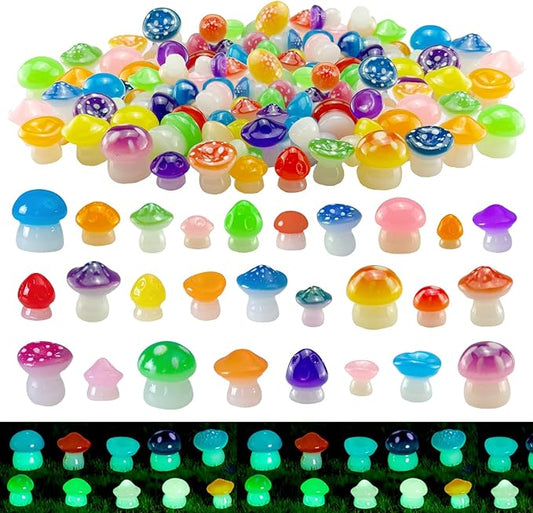150 Pcs 18 Styles Mini Resin Luminous Mushrooms, Glow in The Dark Little Resin Mushroom for Garden Landscape Bonsai Craft Ornament