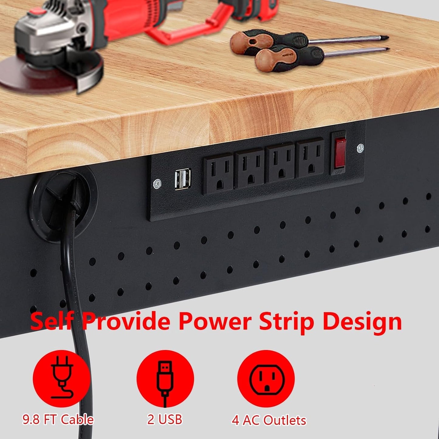 48x24 Inch Heavy-Duty Adjustable Workbench with Rubber Wood Top – 2000LB Capacity Mobile Garage Workstation, Locking Wheels, Power Outlets, Ideal for Workshop, DIY & Tool Storage (Black)