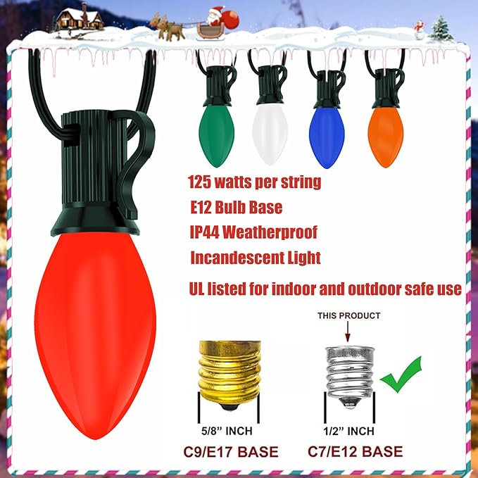 C7 Christmas Lights 25Ft 5 Multicolor Outdoor String Lights with 27 C7 Ceramic Bulbs, Vintage Christmas Decorations UL Listed for Outdoor Indoor Holiday Party Wedding Patio Garden