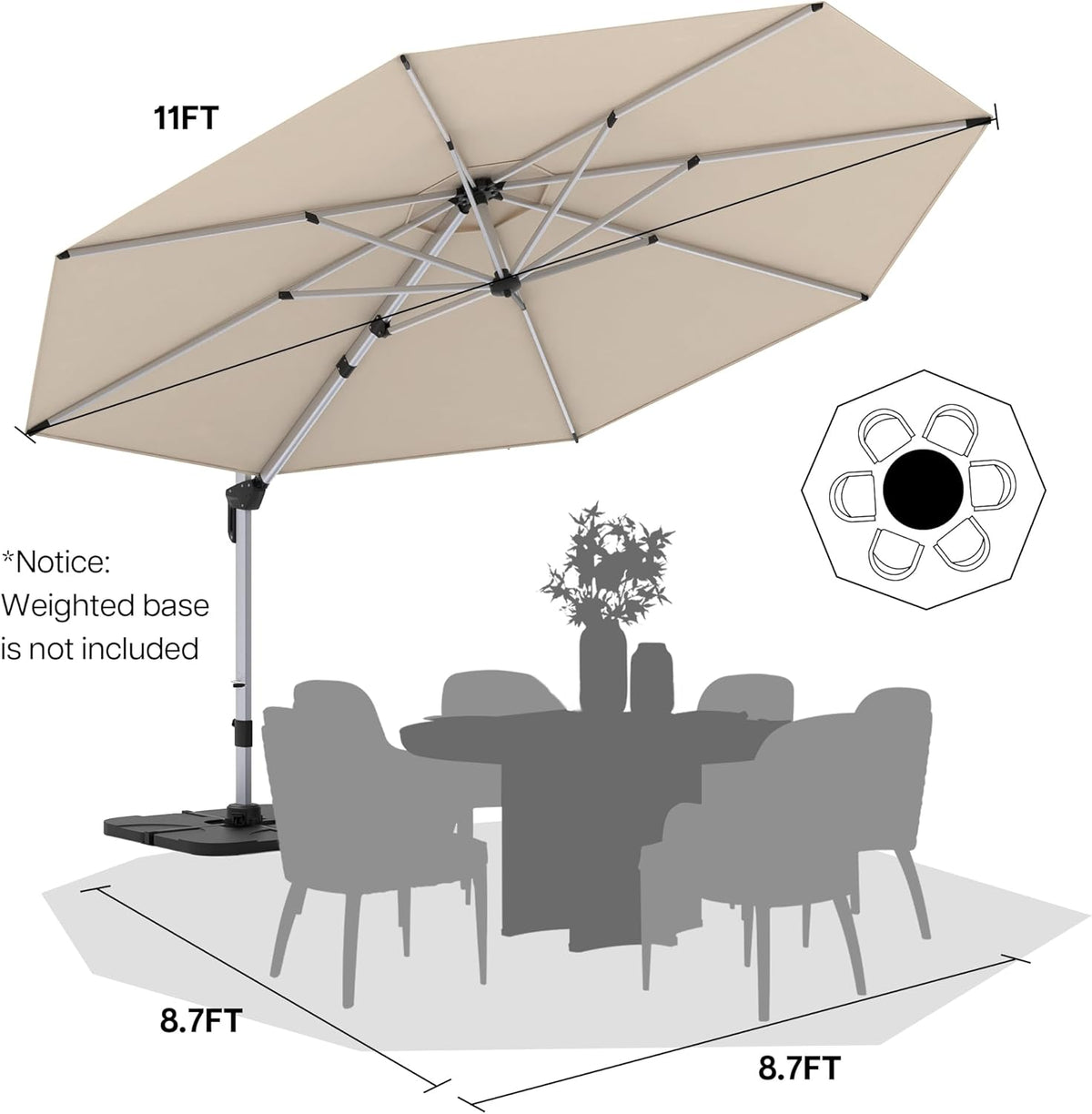 Patio Umbrella, 11FT Outdoor Cantilever Umbrella with 360-degree Rotation for Garden, Deck, Backyard, Pool and Beach, Beige