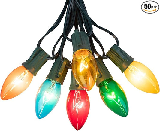 C9 Bulb String Lights Outdoor 50 Feet Multicolored Christmas Lights Green Wire for Outdoor Patio Room Christmas Tree Party Backyard Decoration, E17 Base, 50 +2 Bulbs