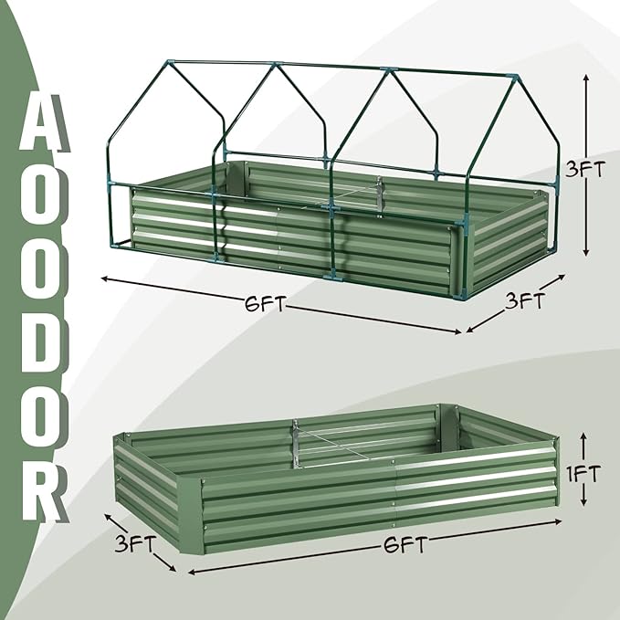 Aoodor 6 x 3 x 1 ft Raised Garden Bed with Mini Greenhouse Kit, Metal Planter Box with 2 Roll-Up Zipper Doors for Vegetables, Herbs, and Flowers