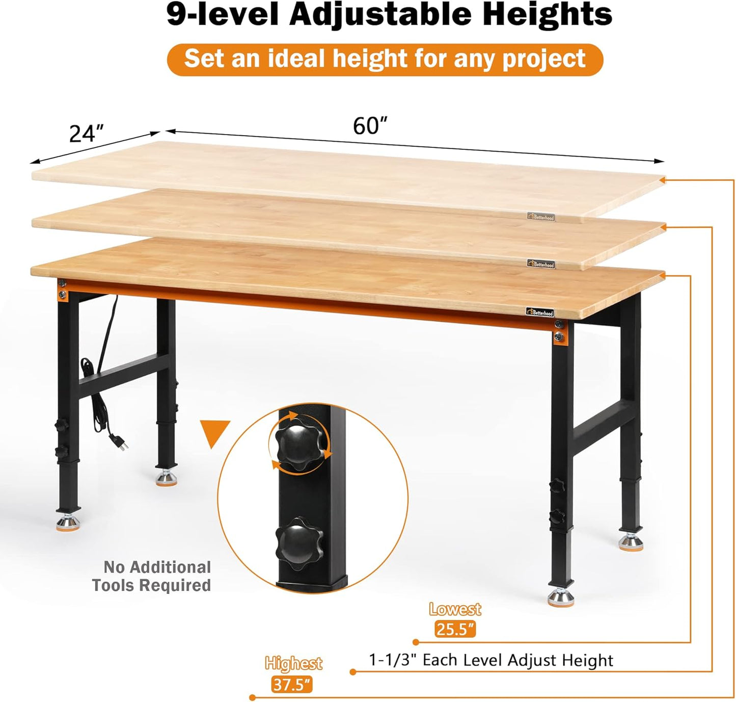 Adjustable Height Workbench, 60" Rubber Wood Top Heavy Duty Workstation with Power Outlets, 2000 LBS Load Capacity Hardwood Worktable for Workshop, Garage, Office, Home, Commercial