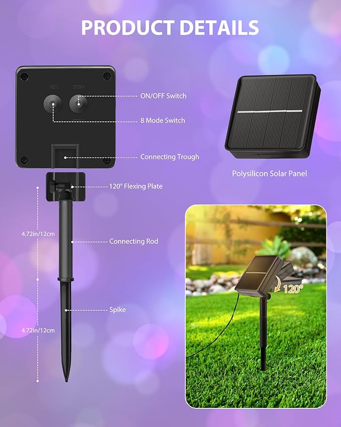 Brightown 2 Pack Solar String Lights Outdoor, Each 46Ft 120 LED Solar String Lights for Outside with 8 Modes, IP65 Waterproof Solar Outdoor Lights for Patio Garden Christmas Decorations, Multicolor