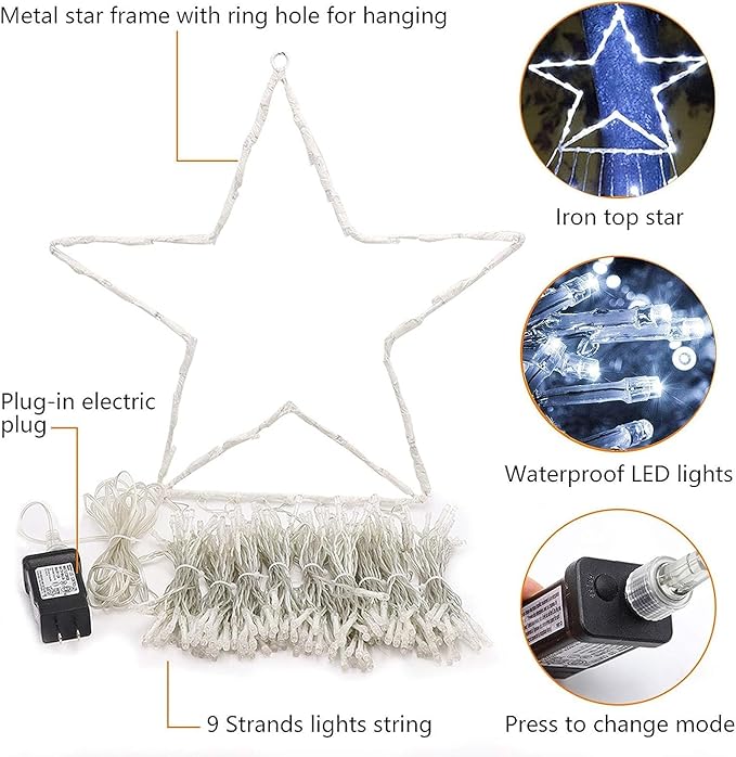 Christmas Decoration Lights, Outdoor Christmas String Lights 320 LED 11.5 Ft Waterfall Tree Lights with Big Star Topper 8 Light Modes for Christmas New Year Holiday Garden Yard Indoor Outdoor Decor