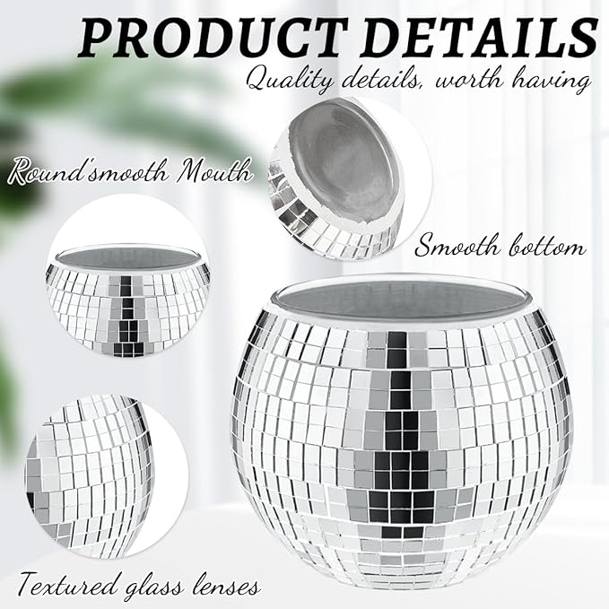 2 Pcs Disco Ball Vase, 5 x 6 Inch Mirrored Disco Ball Planters Perfect for Decorative Living Room, Bedroom, Dining Table, Wedding, Party, Birthday