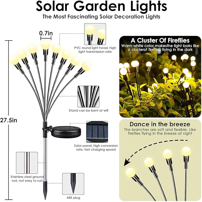 2025 Solar Lights Outdoor Waterproof, 6 Pack Solar Garden Lights, Solar Firefly Lights Outdoor Waterproof, Solar Twinkle Swaying Fairy Light for Pathway Yard Garden Christmas Decorations (Warm White)