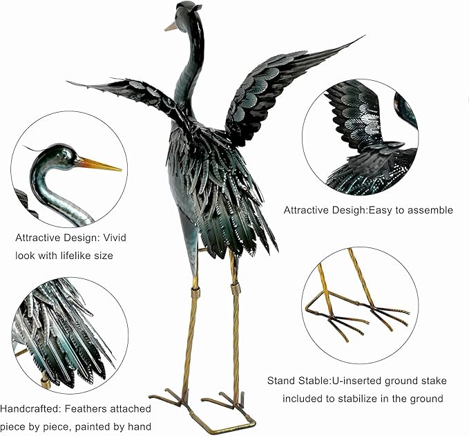 chisheen Crane Garden Statue Sculpture, Metal Heron Outdoor Decor, Yard Art Bird Decoy for Backyard Pond Patio Porch Lawn Decorations