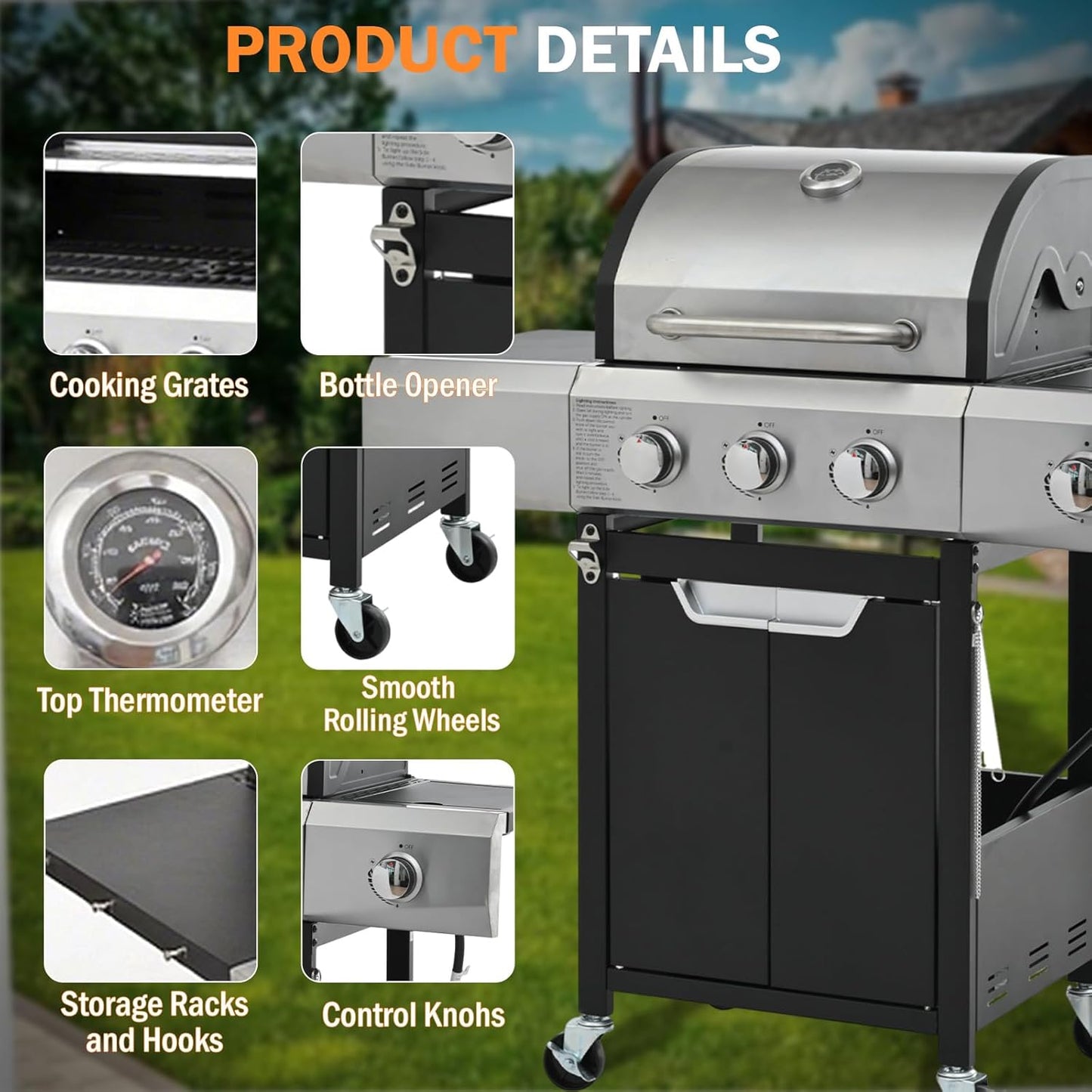 3-Burner Propane Gas Grill with Side Burner, 40,500 BTU Stainless Steel BBQ - Easy Assembly & Grease Management for Patio, Backyard, Camping (3+1Burner No Cover)