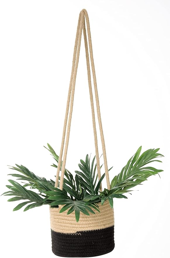 Hanging Planter Basket Jute Rope Woven Plant Hangers Indoor Hanging Plant Holder Up to 7" Pot Macrame Modern Storage Organizer Home Decor (Jute-Black)