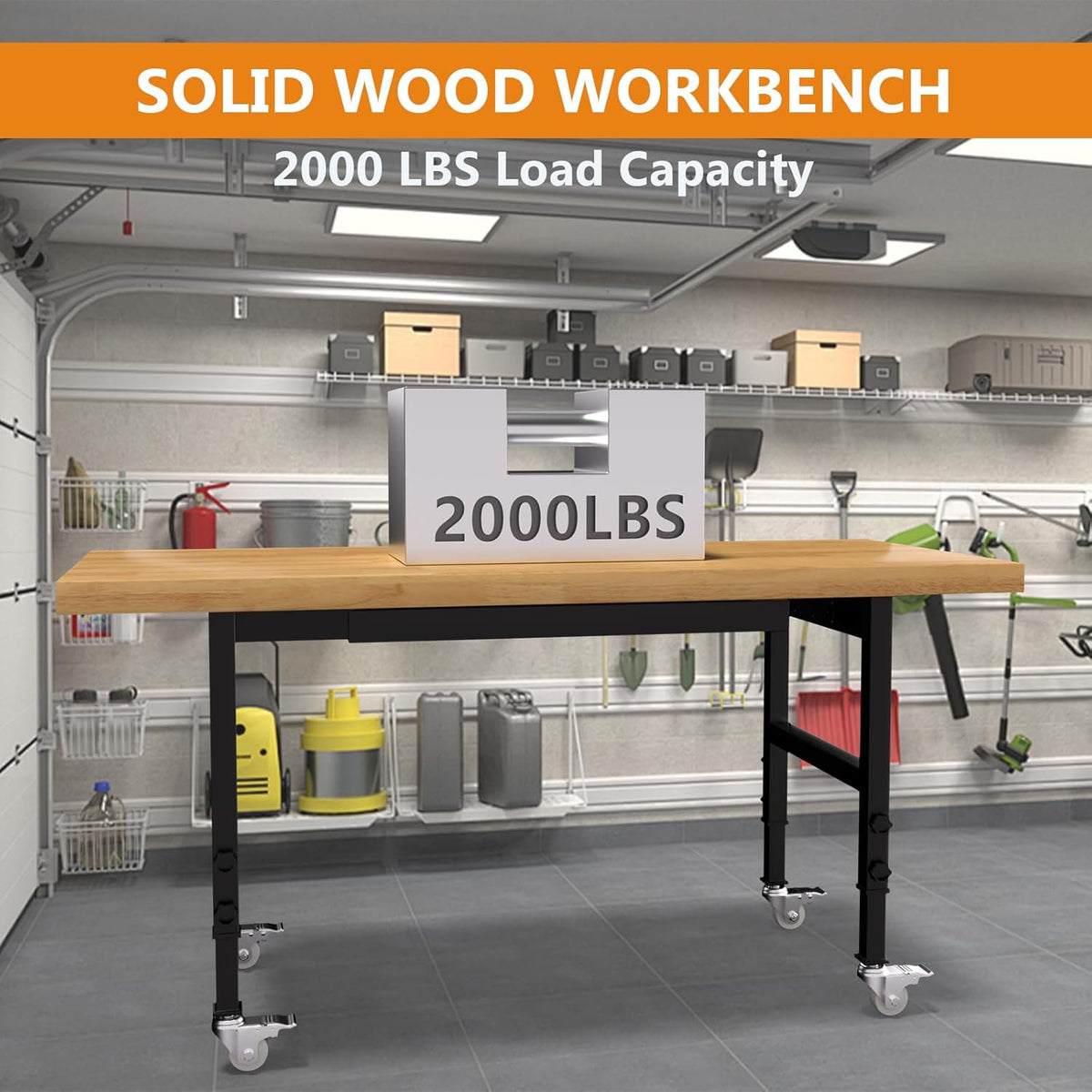 Solid Wood 60" Work Bench with Wheels, Heavy-Duty Workbench with Drawers, Adjustable Height Work Table with Power Outlets, 2000 LBS Capacity Workstation for Garage, Workshop(60" X 24")
